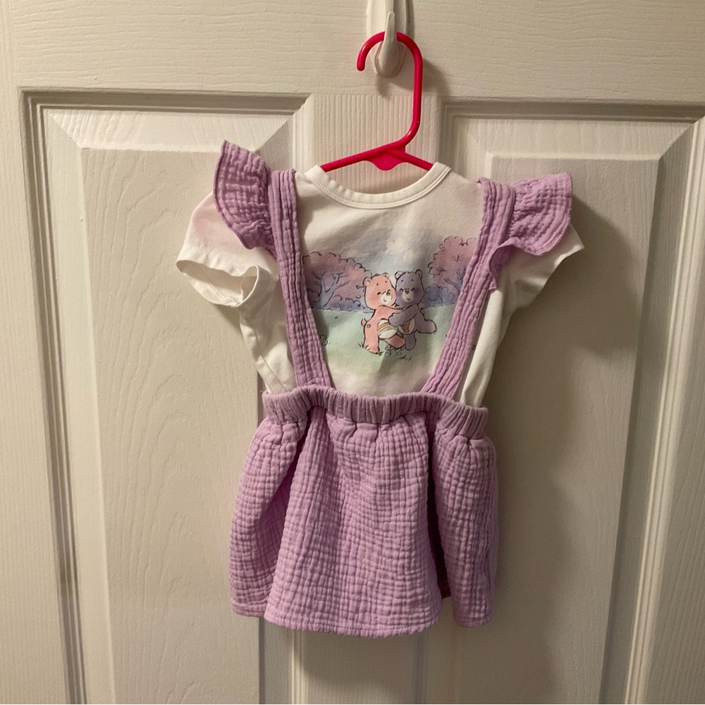 Adorable Purple Suspender Dress with Graphic Tee Care Bears